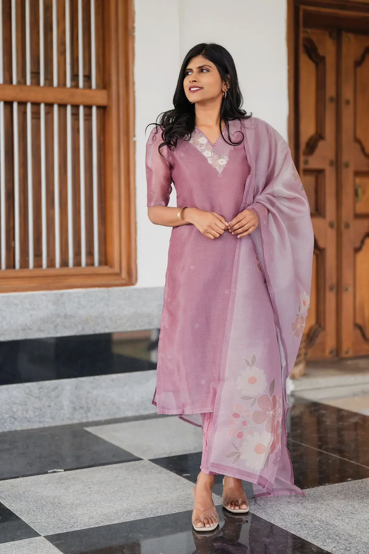 Pinkshift Shimmer 3 Piece Tissue Hand-Embroidered Kurta with Pant & Dupatta